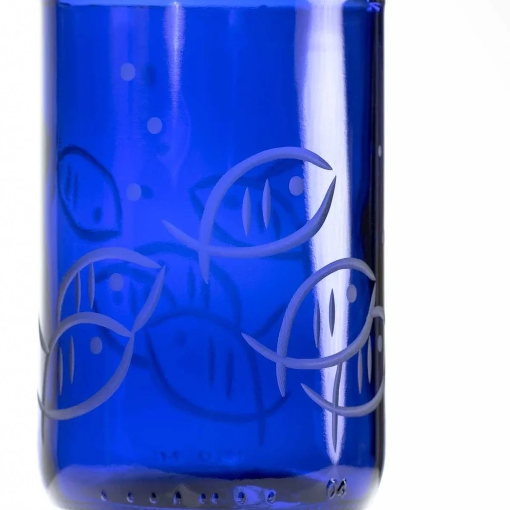 Rolf‎ Glass Blue Fish Twice Around 14 oz Recycled Glass Tumbler Set of 4 US Made